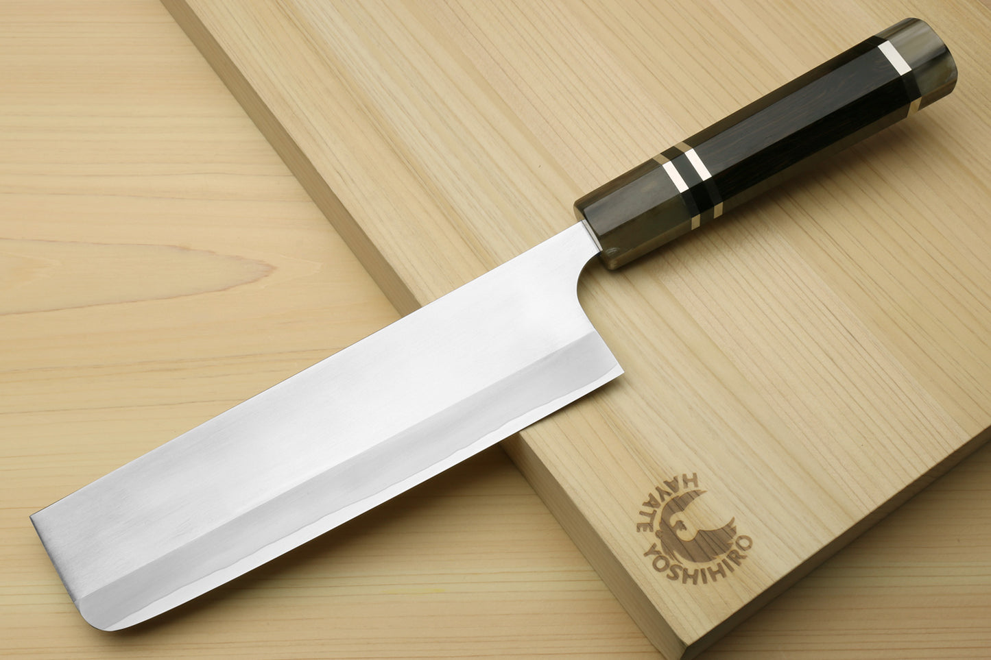 Yoshihiro High Speed Steel HAP40 Nakiri Vegetable Chefs Knife, Octagonal Ebony Wood Handle with Triple Ring