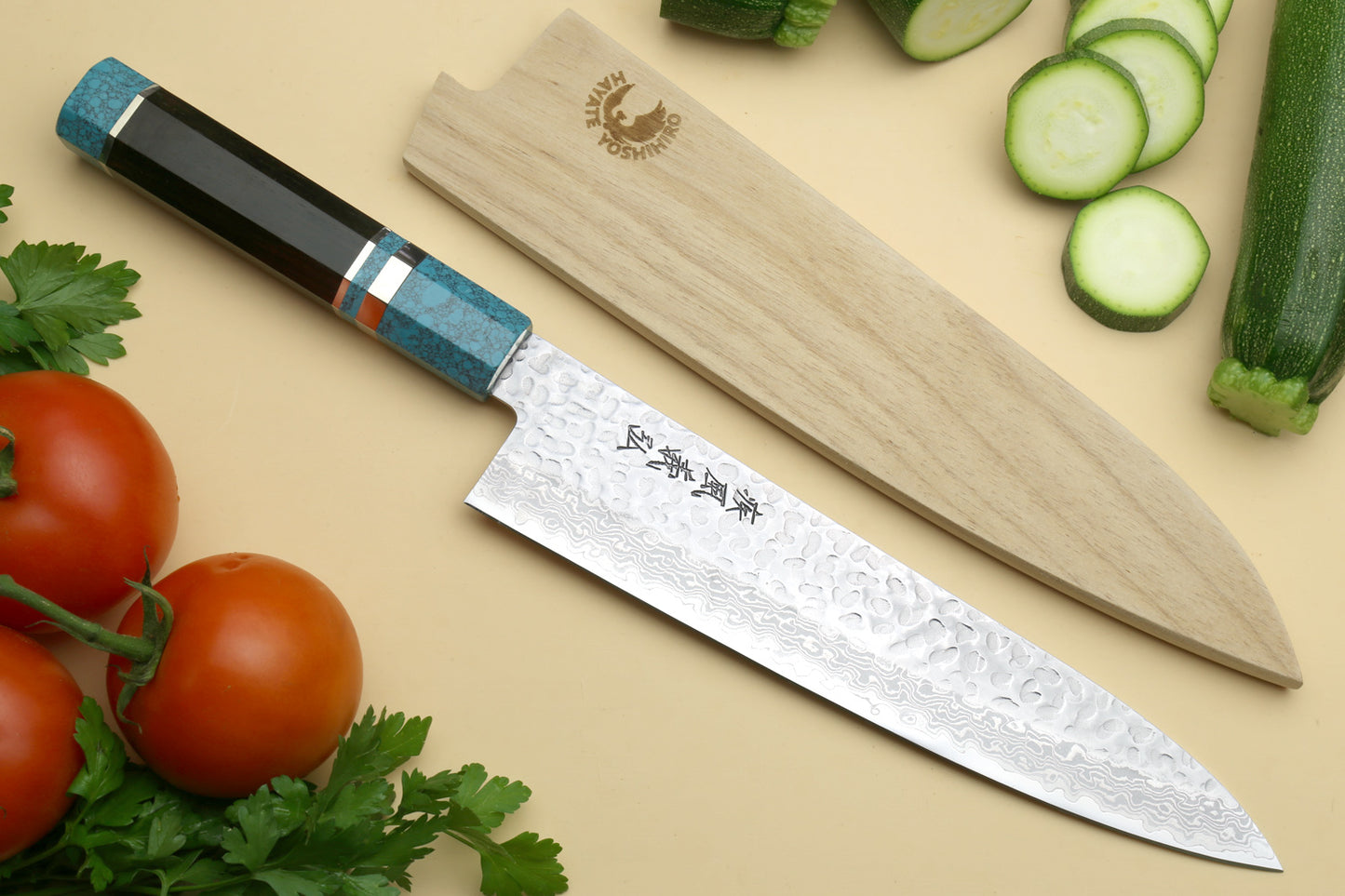 Yoshihiro VG-10 46 Layers Hammered Damascus Gyuto Japanese Chefs Knife Octagonal Turquoise Blue Handle