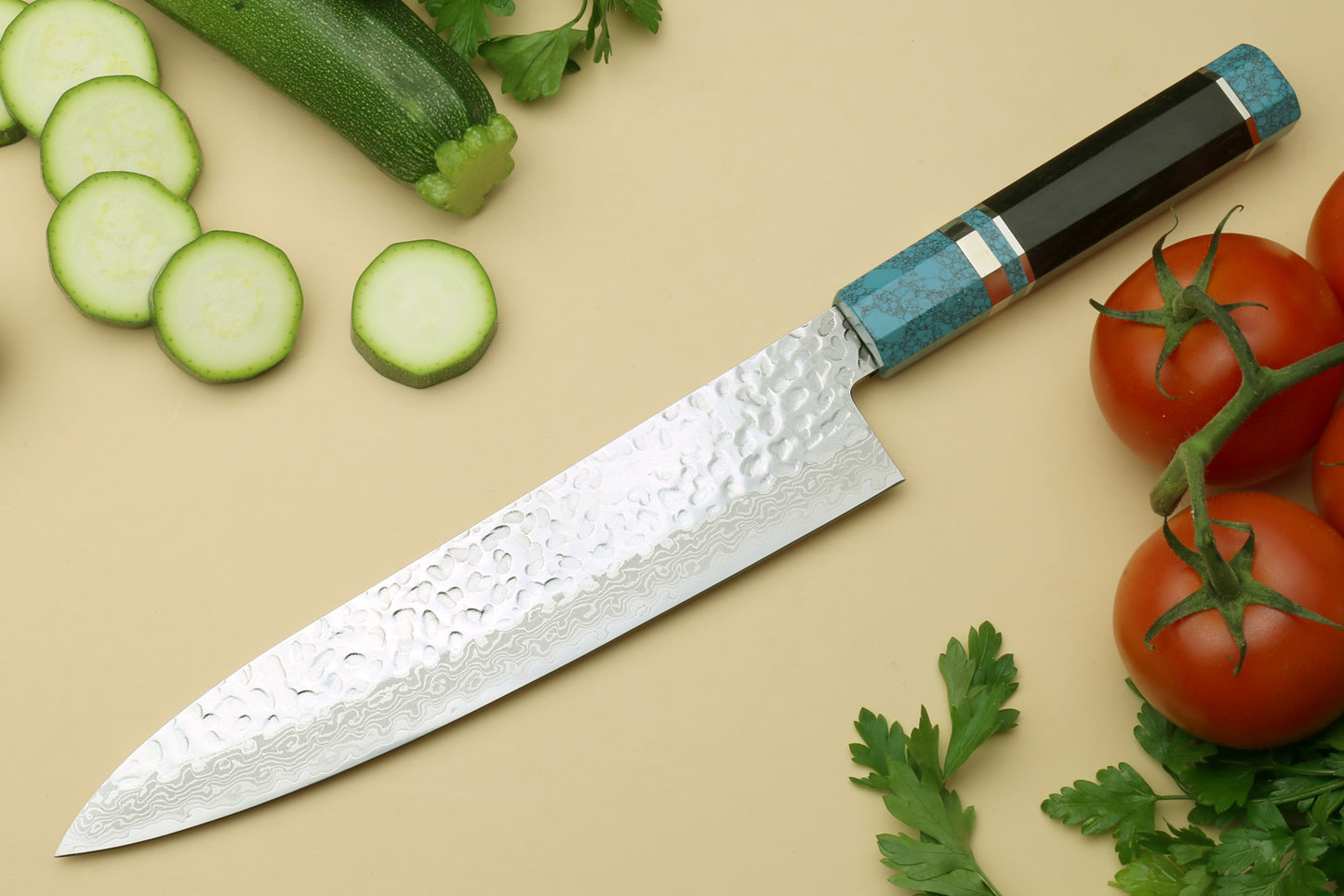 Yoshihiro VG-10 46 Layers Hammered Damascus Gyuto Japanese Chefs Knife Octagonal Turquoise Blue Handle