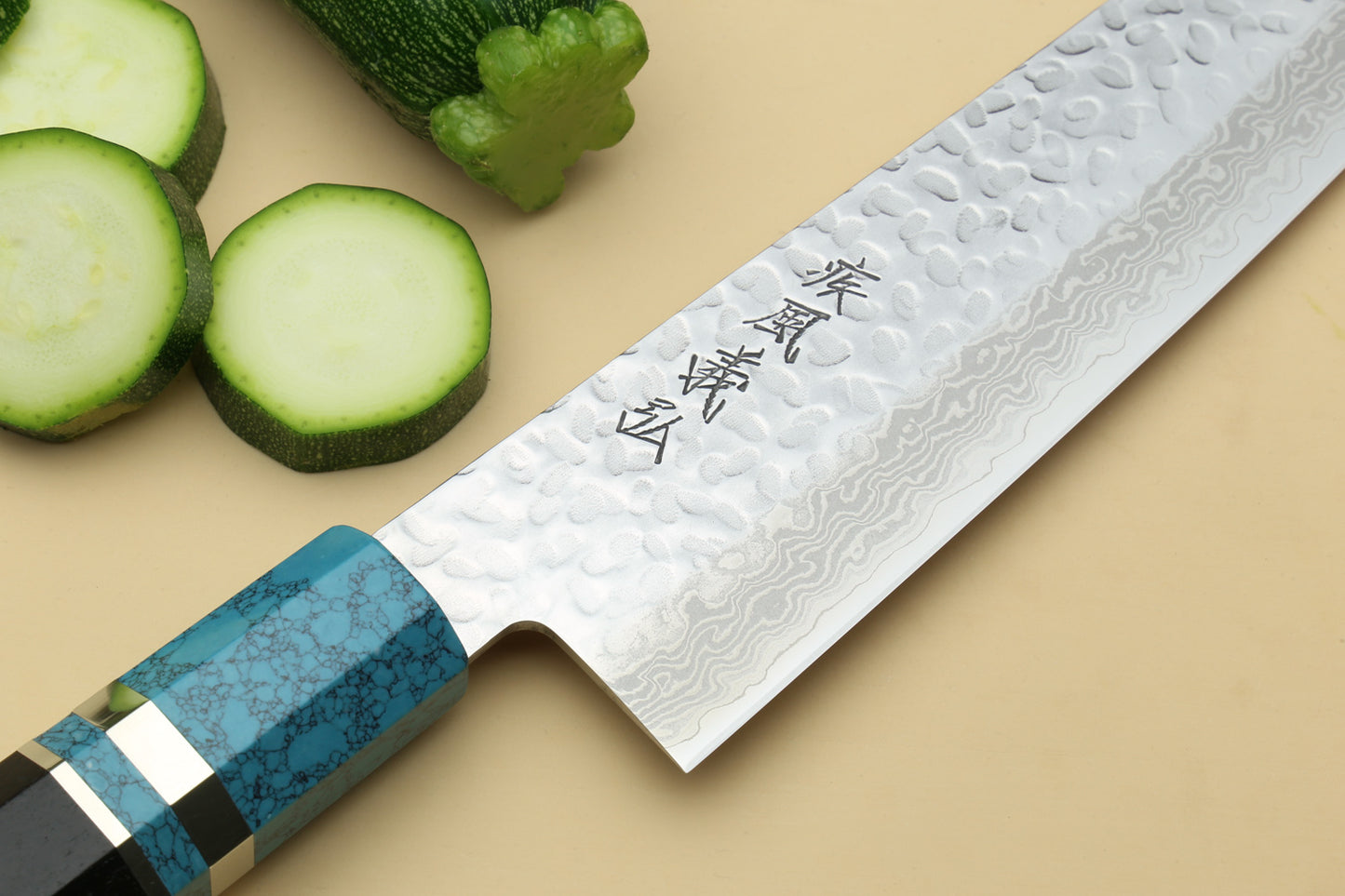 Yoshihiro VG-10 46 Layers Hammered Damascus Gyuto Japanese Chefs Knife Octagonal Turquoise Blue Handle