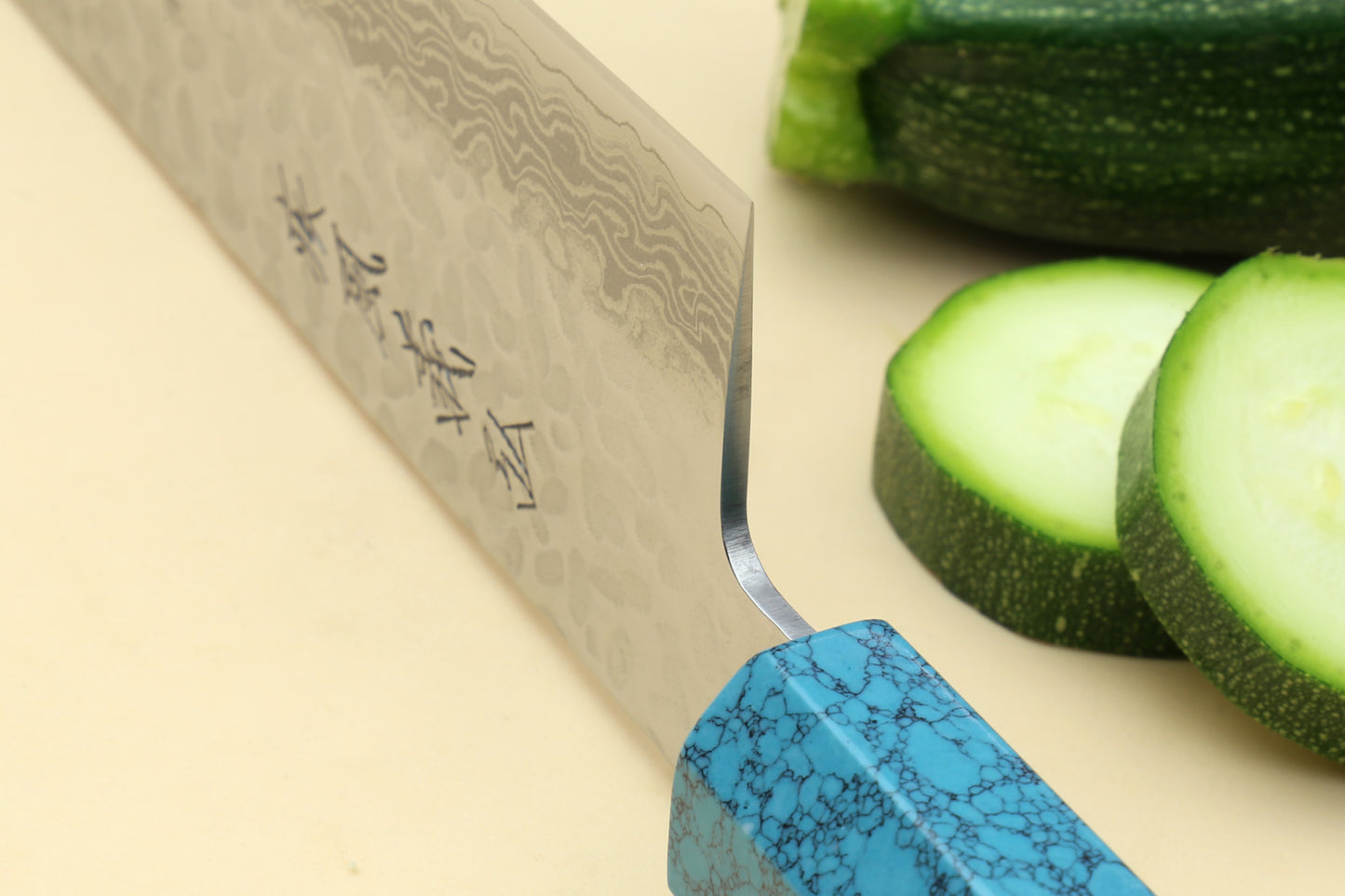 Yoshihiro VG-10 46 Layers Hammered Damascus Gyuto Japanese Chefs Knife Octagonal Turquoise Blue Handle
