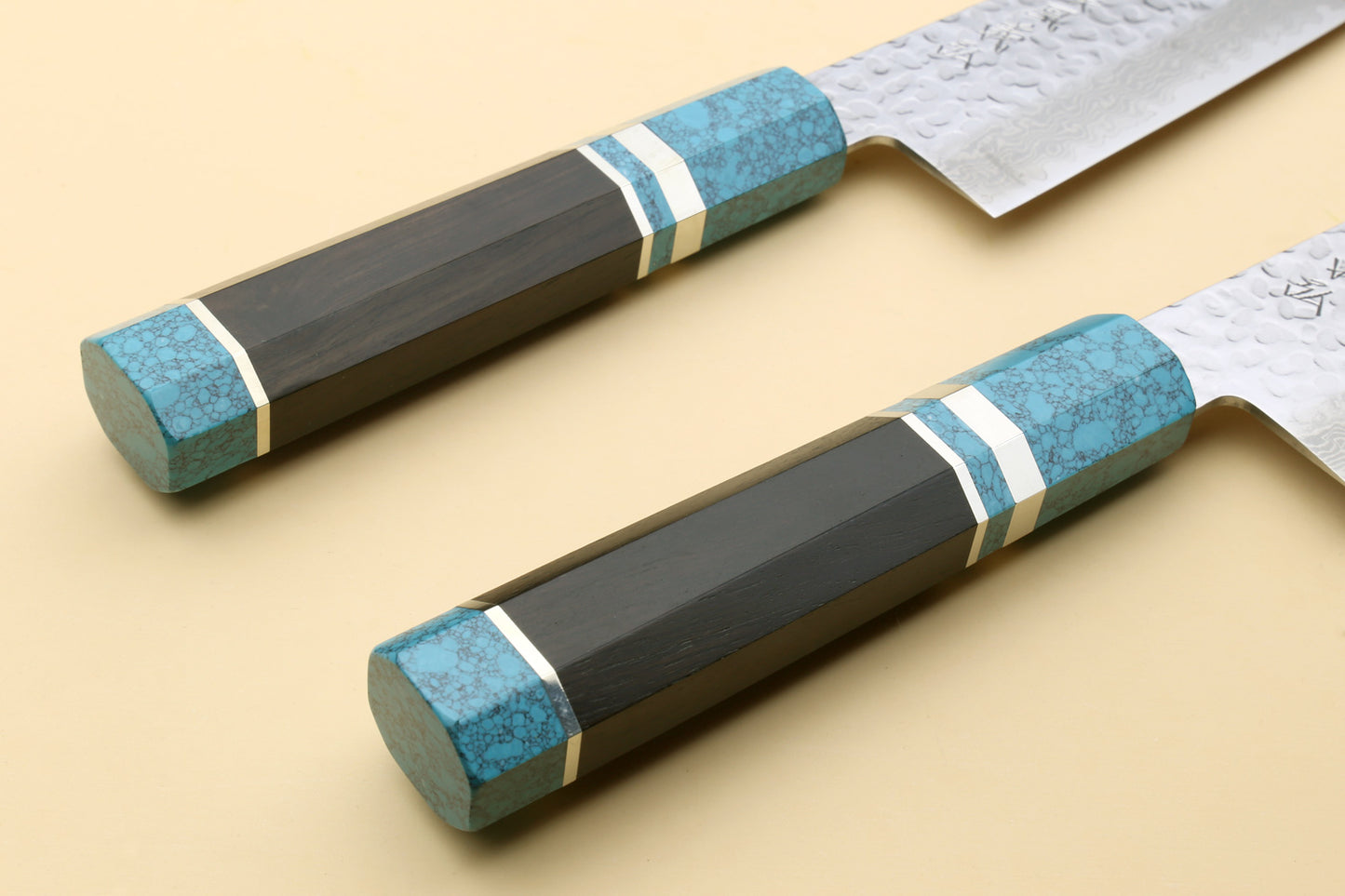 Yoshihiro VG-10 46 Layers Hammered Damascus Gyuto Japanese Chefs Knife Octagonal Turquoise Blue Handle