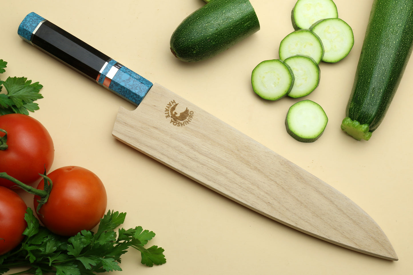 Yoshihiro VG-10 46 Layers Hammered Damascus Gyuto Japanese Chefs Knife Octagonal Turquoise Blue Handle