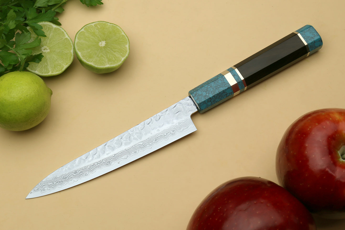 Yoshihiro VG-10 46 Layers Hammered Damascus Petty Utility Japanese Chef Knife Octagonal Turquoise Blue Handle (6" (150mm))