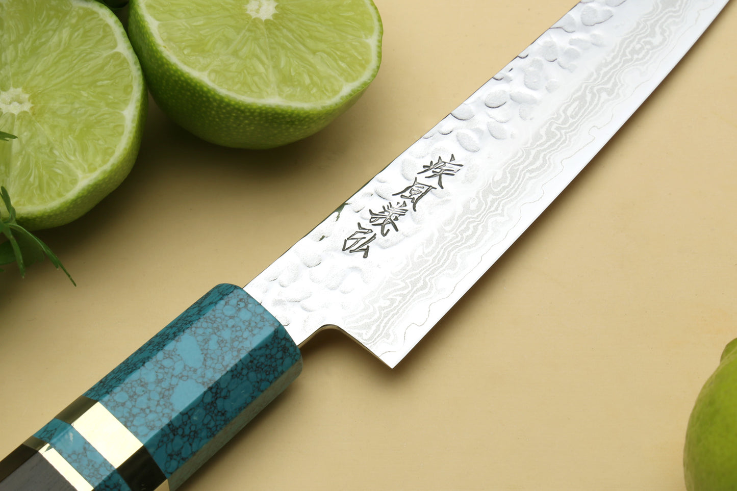 Yoshihiro VG-10 46 Layers Hammered Damascus Petty Utility Japanese Chef Knife Octagonal Turquoise Blue Handle (6" (150mm))