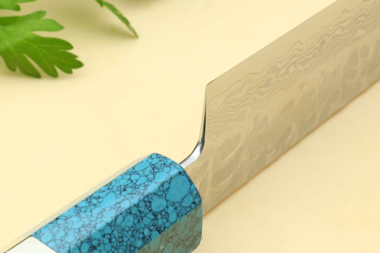 Yoshihiro VG-10 46 Layers Hammered Damascus Petty Utility Japanese Chef Knife Octagonal Turquoise Blue Handle (6" (150mm))