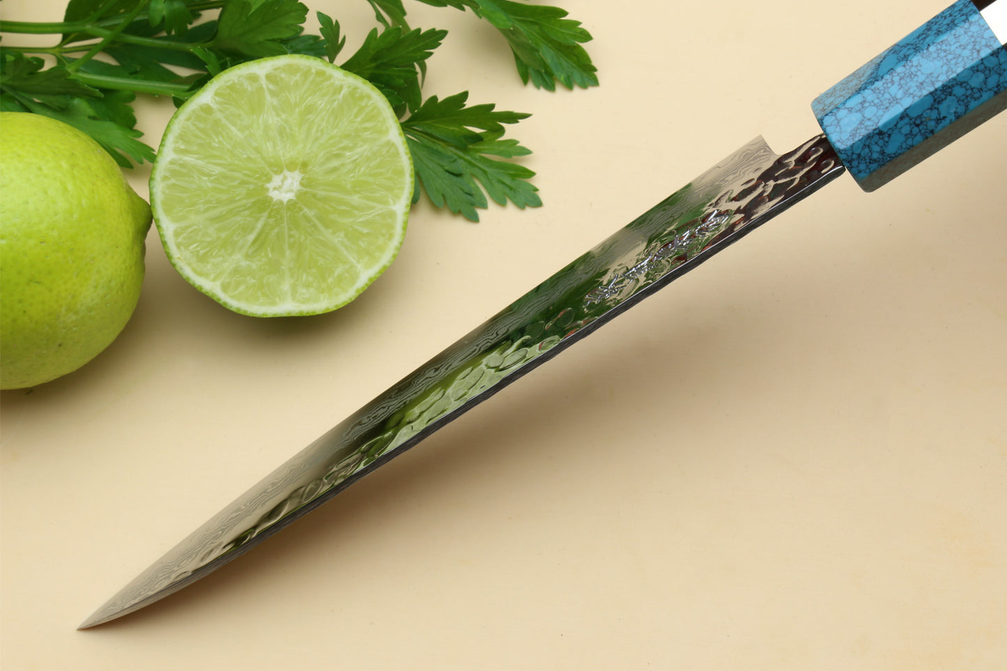 Yoshihiro VG-10 46 Layers Hammered Damascus Petty Utility Japanese Chef Knife Octagonal Turquoise Blue Handle (6" (150mm))