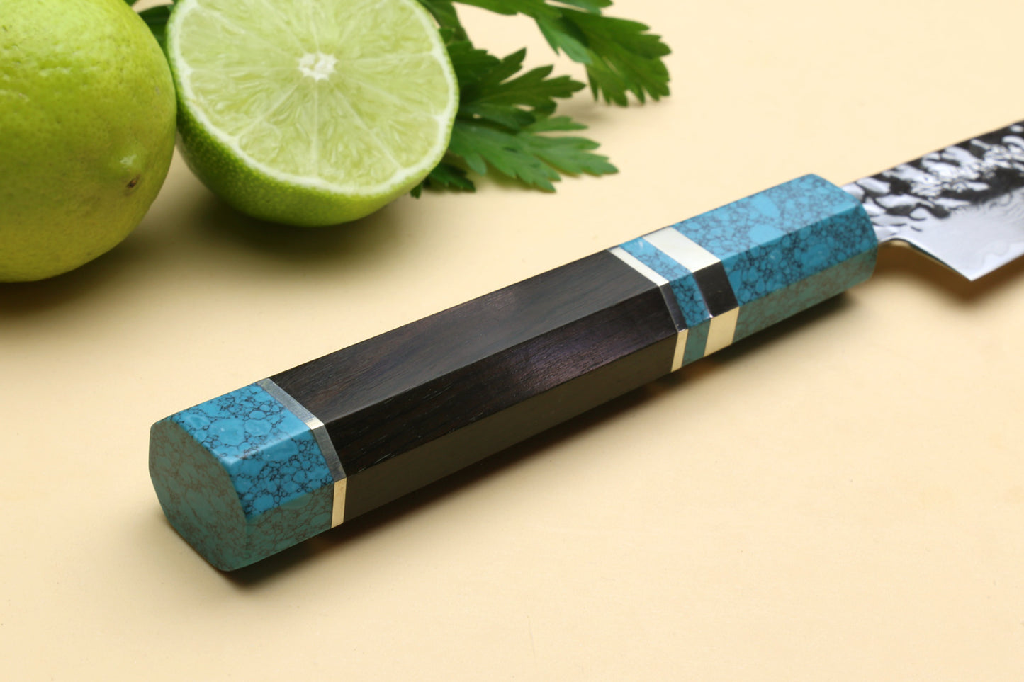 Yoshihiro VG-10 46 Layers Hammered Damascus Petty Utility Japanese Chef Knife Octagonal Turquoise Blue Handle (6" (150mm))
