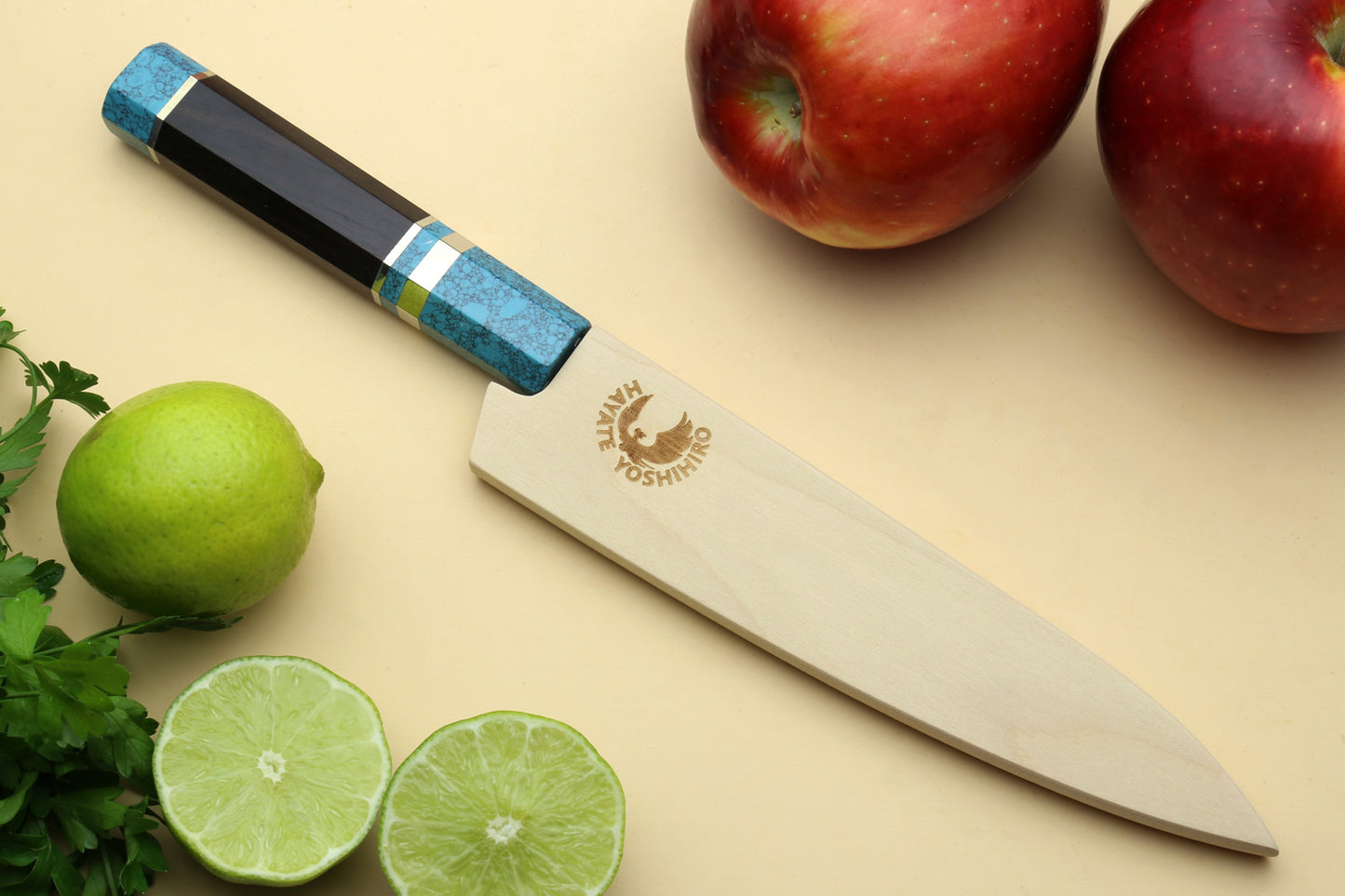 Yoshihiro VG-10 46 Layers Hammered Damascus Petty Utility Japanese Chef Knife Octagonal Turquoise Blue Handle (6" (150mm))