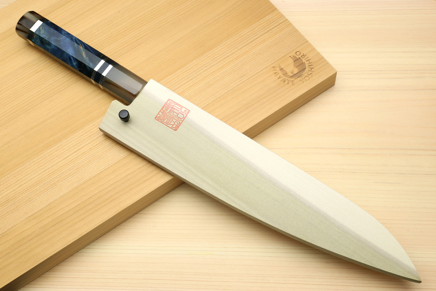 Yoshihiro Damascus SG2 (R2) Semi-Stainless Gyuto Chef Knife with Ocean Blue Handle (Blade Length 8.25" (210mm))