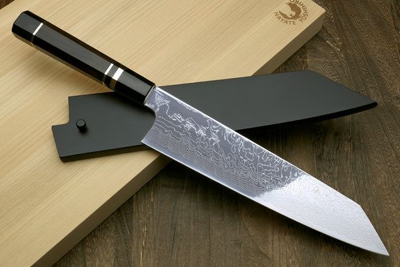 Yoshihiro Damascus SG-II (R-2) Semi-Stainless Kiritsuke Chef Knife, Triple Silver Ring Ebony Handle 9.5