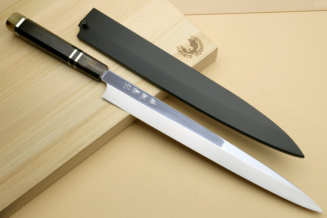 Yoshihiro SG-2 (R-2) Semi-Stainless Steel Mirror Polished Yanagi Sashimi Knife, Triple Ring Ebony Handle