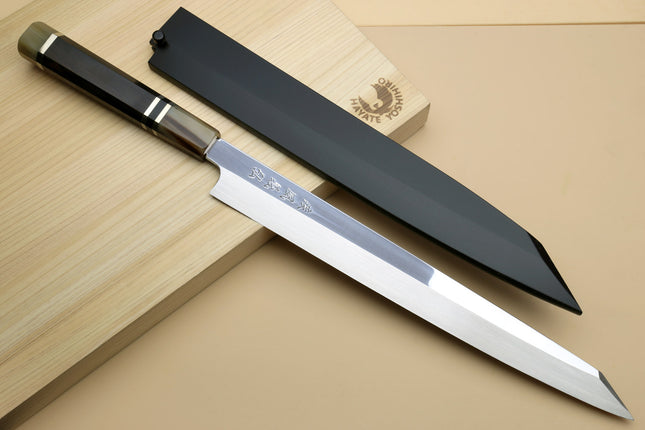 Yoshihiro SG-2 (R-2) Semi-Stainless Steel Mirror Polished Yanagi Kiritsuke Sashimi Knife, Triple Ring Ebony Handle