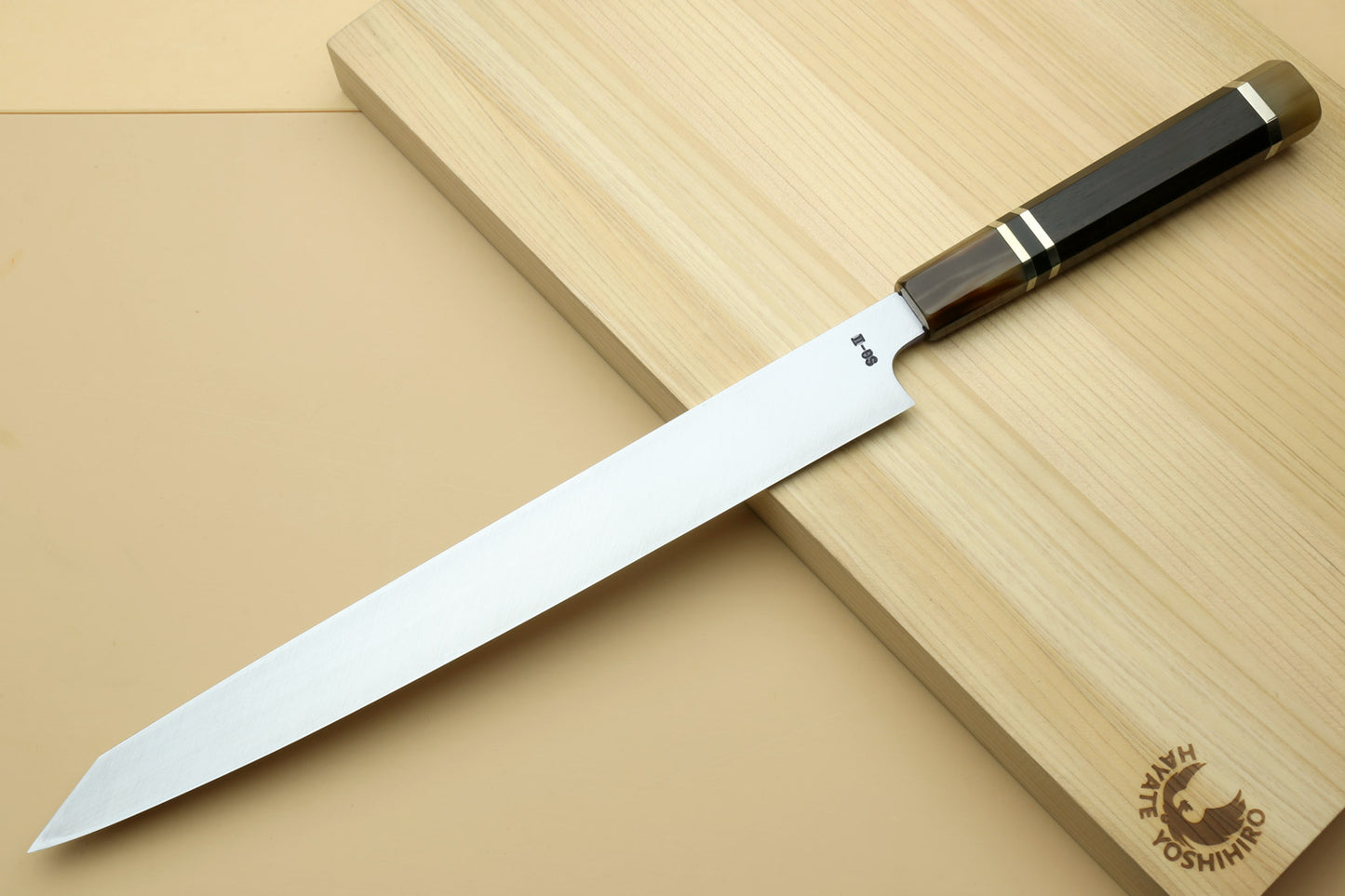Yoshihiro SG-2 (R-2) Semi-Stainless Steel Mirror Polished Yanagi Kiritsuke Sashimi Knife, Triple Ring Ebony Handle