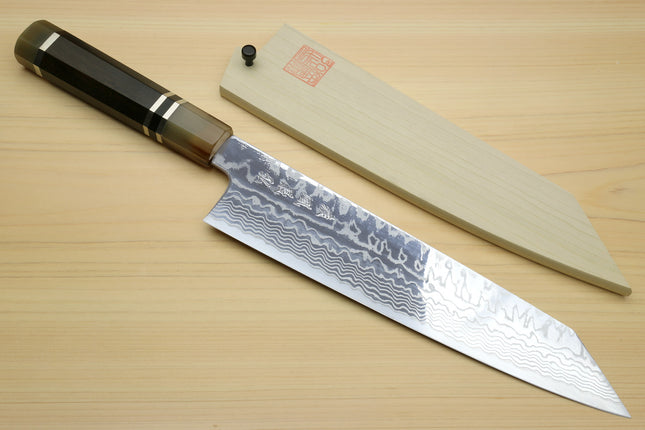 Yoshihiro HAP40 High Speed Stainless Steel Damascus Kiritsuke Multipurpose Chefs Knife, Octagonal Ebony Wood Handle with Triple Ring