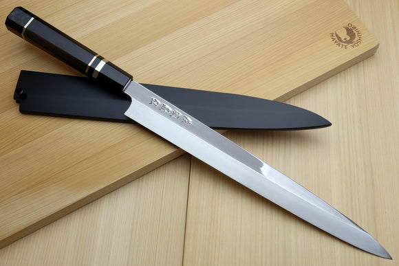 Yoshihiro SVG-10 Semi-Stainless Steel Mirror Finished Yanagi Sushi Sashimi Japanese Knife Ebony Handle with Triple Nickel Silver Ring
