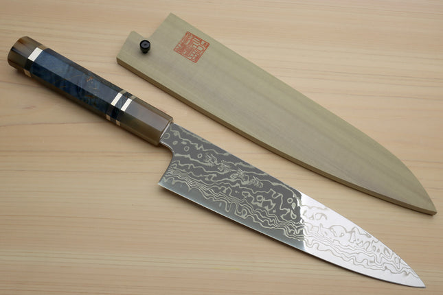 Yoshihiro Hayate ZDP-189 Super High Carbon Stainless Steel Damascus Gyuto Chef Knife Octagonal Ocean Blue Handle (Blade Length 210mm)