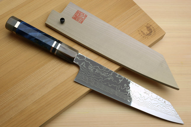 Yoshihiro Hayate ZDP-189 Super High Carbon Stainless Steel Damascus Kiritsuke Chef Knife Octagonal Ocean Blue Handle (Blade Length 210mm)