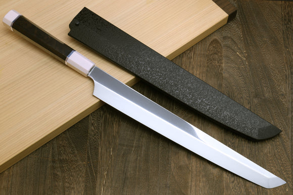 Yoshihiro VG-10 Honyaki Sakimaru Takobiki Japanese Sushi Sashimi Knife with Double Nickel Silver Ring Corian Ebony Handle