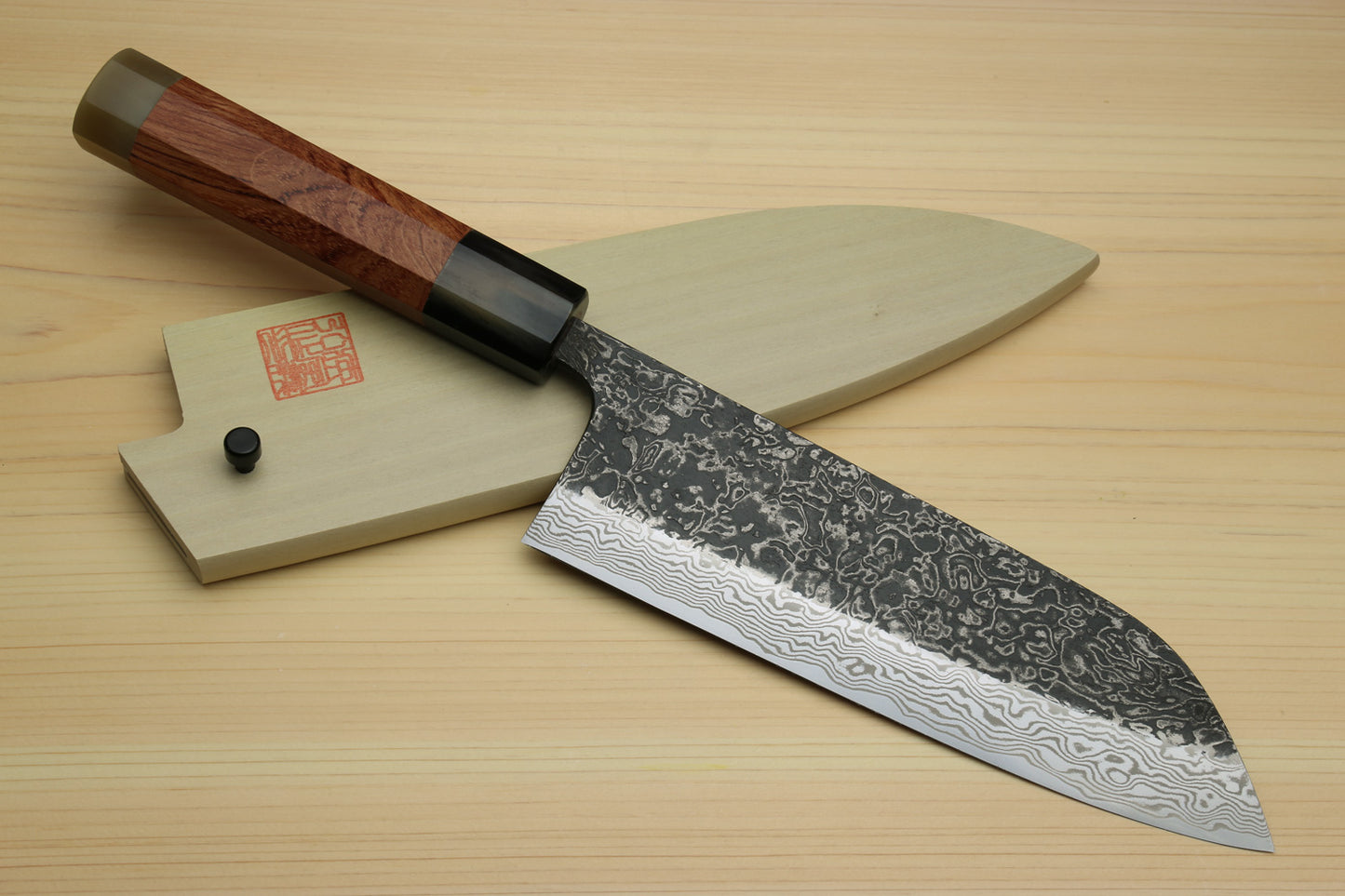 Yoshihiro Black-Forged High Performance SLD Damascus Steel Masashi Santoku Multipurpose Chef Knife Ironwood Handle