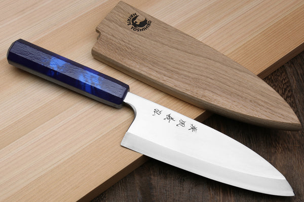 Japanese deba knife with stainless blade and dark blue handle