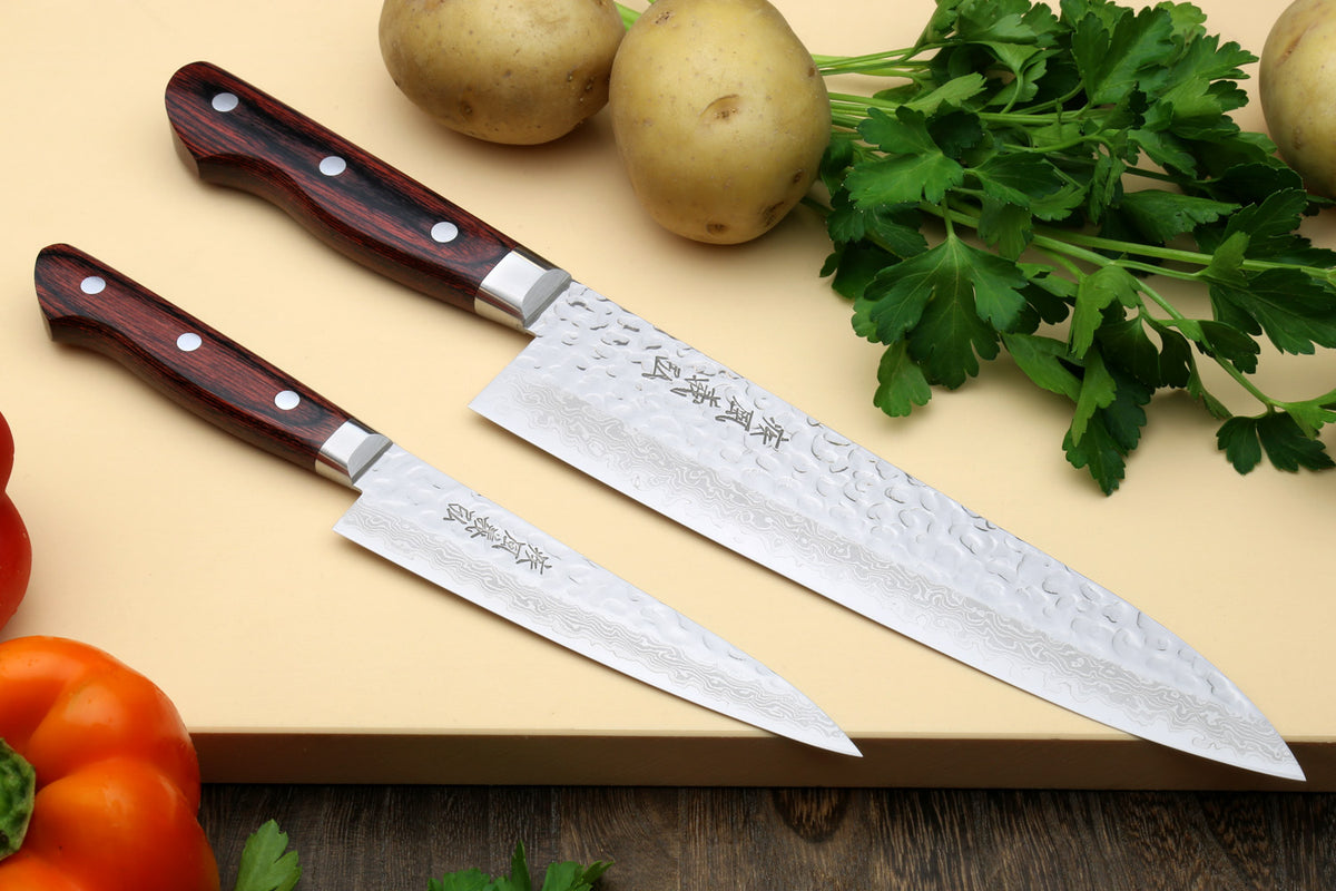 Santoku Utility Knife Set Hammered Damascus Steel Full Tang Wood Handle  Chef Cut