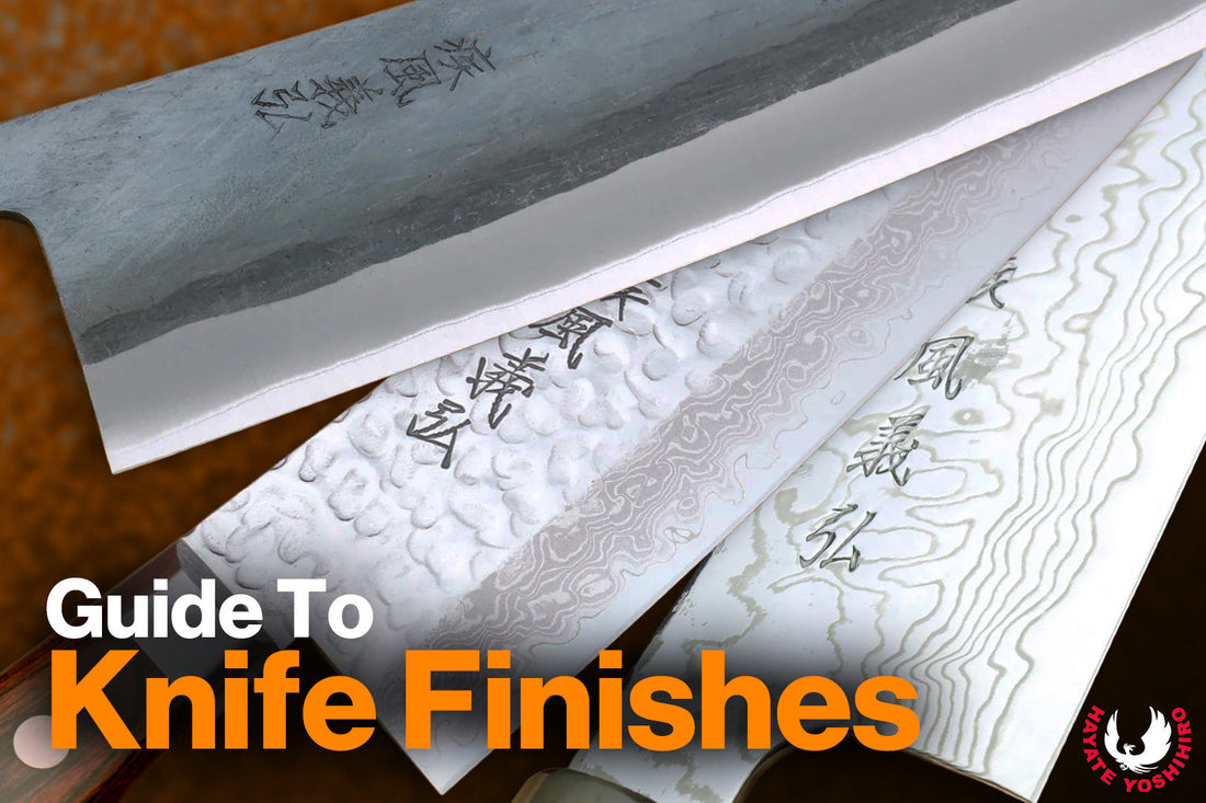 Row of Japanese knives showing different blade finishes side by side