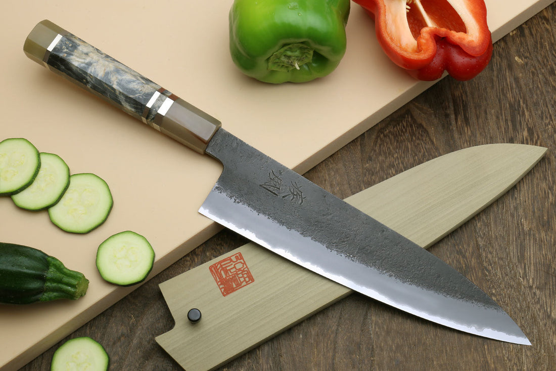 Hayate Hinoura kurouchi gyuto chef's knife with black-forged blue steel blade