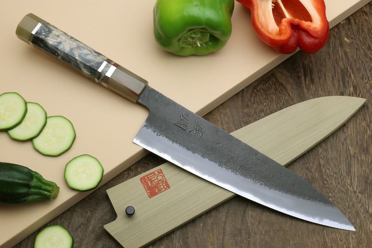 Hayate Hinoura kurouchi gyuto chef's knife with black-forged blue steel blade