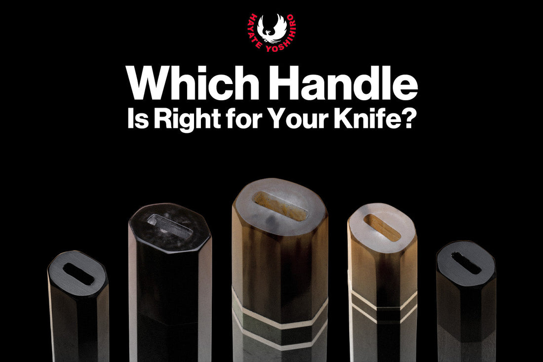 Japanese and Western knife handles displayed side by side on a wooden surface