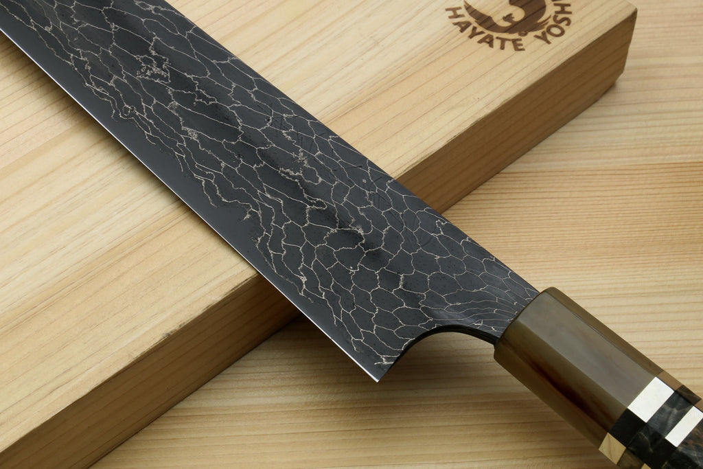 Yoshihiro Mazaki Hon-Sanmai Snake Skin Pattern Damascus Kurouchi Black-Forged Blue Steel Sujihiki Slicer Knife, Mazaki Limited Edition (Blade Length: 300mm)