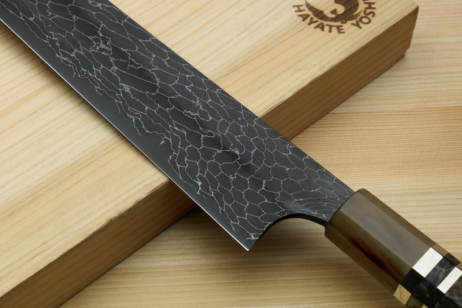 Yoshihiro Mazaki Hon-Sanmai Snake Skin Pattern Damascus Kurouchi Black-Forged Blue Steel Sujihiki Slicer Knife, Mazaki Limited Edition (Blade Length: 300mm)