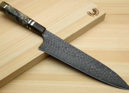 Yoshihiro Mazaki Hon-Sanmai Snake Skin Pattern Damascus Kurouchi Black-Forged Blue Steel Gyuto Chefs Knife, Mazaki Limited Edition (Blade Length: 240mm)