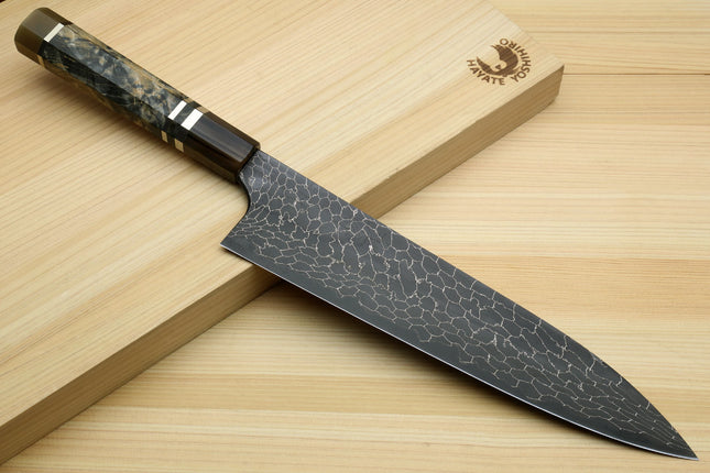 Yoshihiro Mazaki Hon-Sanmai Snake Skin Pattern Damascus Kurouchi Black-Forged Blue Steel Gyuto Chefs Knife, Mazaki Limited Edition (Blade Length: 240mm)
