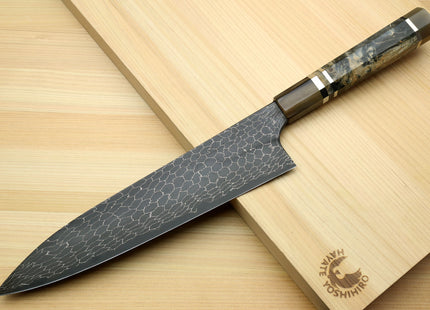 Yoshihiro Mazaki Hon-Sanmai Snake Skin Pattern Damascus Kurouchi Black-Forged Blue Steel Gyuto Chefs Knife, Mazaki Limited Edition (Blade Length: 240mm)