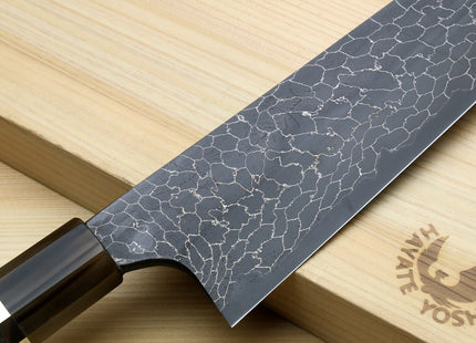 Yoshihiro Mazaki Hon-Sanmai Snake Skin Pattern Damascus Kurouchi Black-Forged Blue Steel Gyuto Chefs Knife, Mazaki Limited Edition (Blade Length: 240mm)