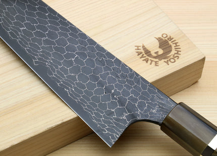 Yoshihiro Mazaki Hon-Sanmai Snake Skin Pattern Damascus Kurouchi Black-Forged Blue Steel Gyuto Chefs Knife, Mazaki Limited Edition (Blade Length: 240mm)