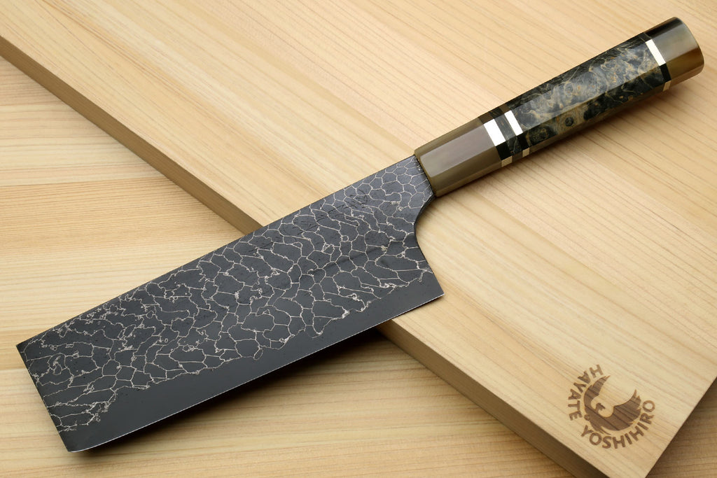 Yoshihiro Mazaki Hon-Sanmai Snake Skin Pattern Damascus Kurouchi Black-Forged Blue Steel Nakiri Vegetable Knife, Mazaki Limited Edition (Blade Length: 165mm)