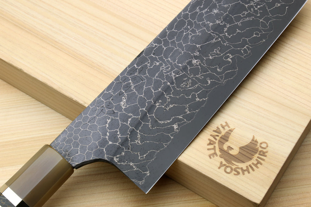 Yoshihiro Mazaki Hon-Sanmai Snake Skin Pattern Damascus Kurouchi Black-Forged Blue Steel Nakiri Vegetable Knife, Mazaki Limited Edition (Blade Length: 165mm)
