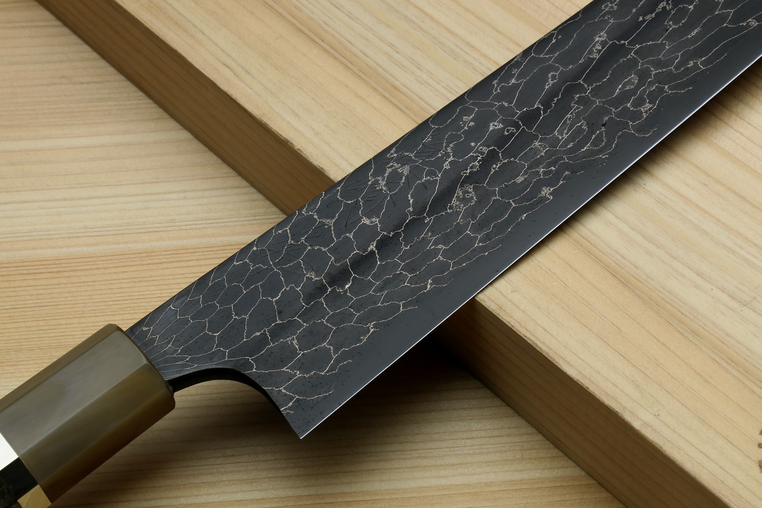 Yoshihiro Mazaki Hon-Sanmai Snake Skin Pattern Damascus Kurouchi Black-Forged Blue Steel Sujihiki Slicer Knife, Mazaki Limited Edition (Blade Length: 300mm)