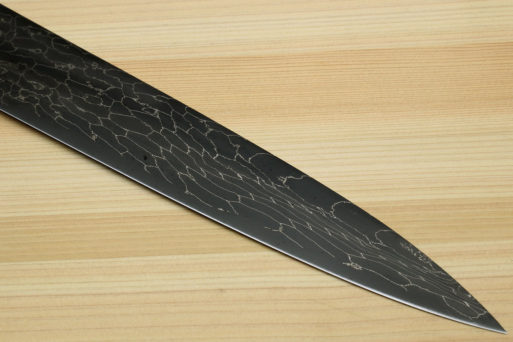 Yoshihiro Mazaki Hon-Sanmai Snake Skin Pattern Damascus Kurouchi Black-Forged Blue Steel Sujihiki Slicer Knife, Mazaki Limited Edition (Blade Length: 300mm)