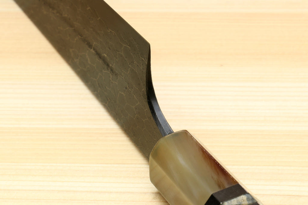 Yoshihiro Mazaki Hon-Sanmai Snake Skin Pattern Damascus Kurouchi Black-Forged Blue Steel Sujihiki Slicer Knife, Mazaki Limited Edition (Blade Length: 300mm)
