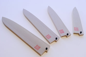 Set of magnolia wood knife saya covers with blue end knobs and red label