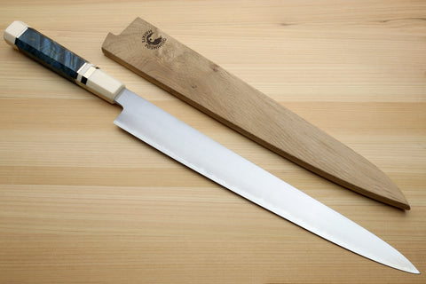 Sujihiki chef slicing knife with blue stabilized handle and wooden saya
