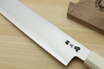 Sujihiki slicer knife close-up of blade heel with engraved logo and blue handle