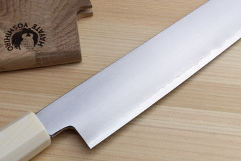 Chef slicer knife with long stainless blade and blue stabilized handle