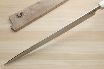 Sujihiki slicer knife side profile with blue stabilized handle and full blade