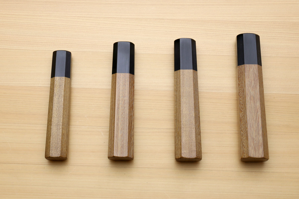 Gyuto chef knife handles with ebony bolsters and ambrosia wood grips, four angles