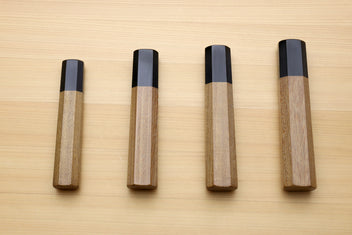 Gyuto chef knife handles with ebony bolsters and ambrosia wood grips, four angles
