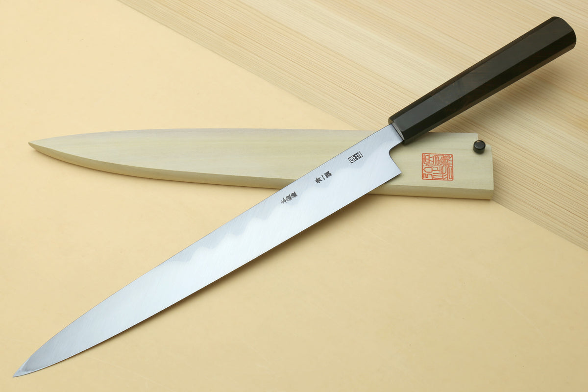 Japanese sushi sashimi knife with mirror-polished steel blade and ebony handle